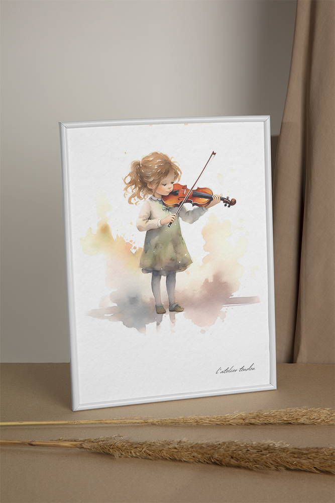 Violon, violoniste, décoration pour chambre enfant, illustration à offrir, passion musique, aquarelle, petite fille