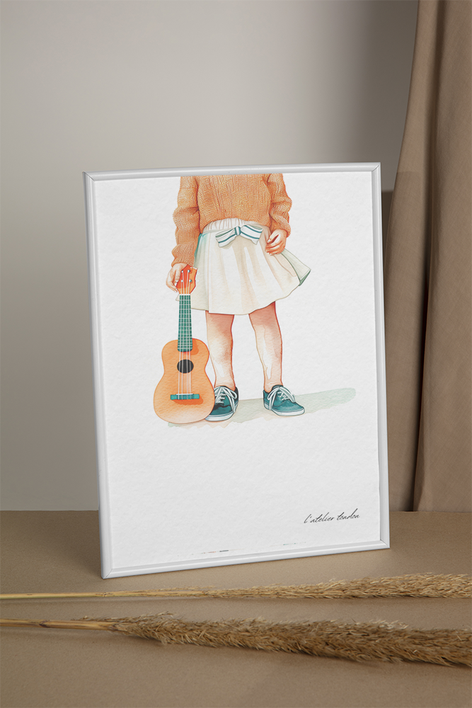 Ukulele, décoration pour chambre enfant, illustration à offrir, personnalisé, passion musique, aquarelle, petite fille