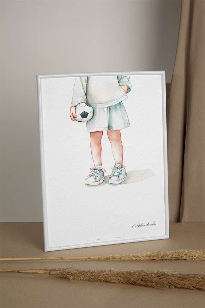 Football, footballer, ballon de foot, décoration pour chambre enfant, illustration à offrir, , personnalisé, passion sport, aquarelle, petit garçon