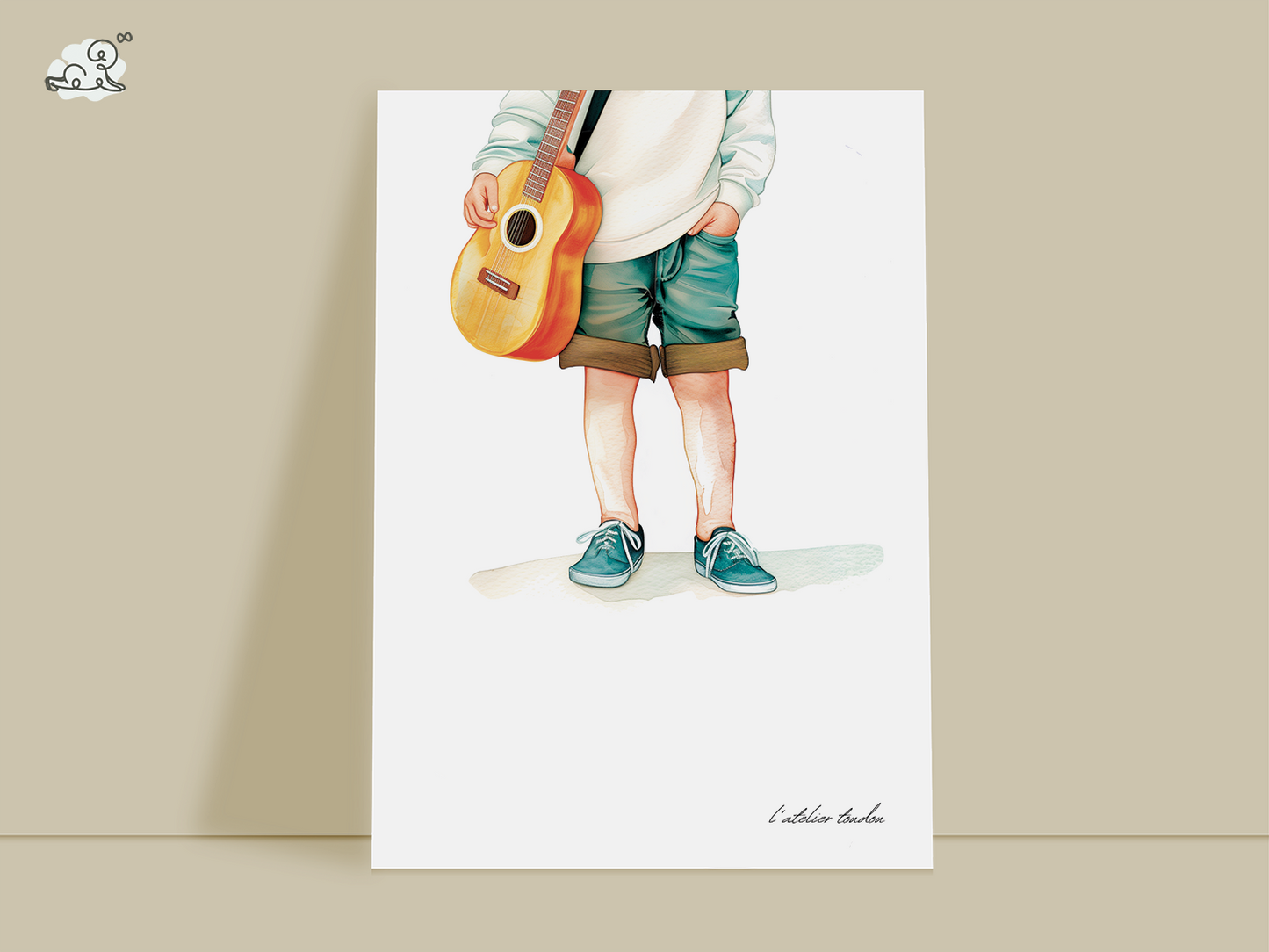 Guitare, guitariste, décoration pour chambre enfant, personnalisé, illustration à offrir, passion musique, aquarelle, petit garçon
