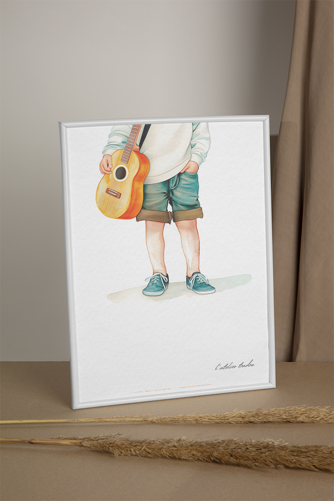 Guitare, guitariste, décoration pour chambre enfant, personnalisé, illustration à offrir, passion musique, aquarelle, petit garçon