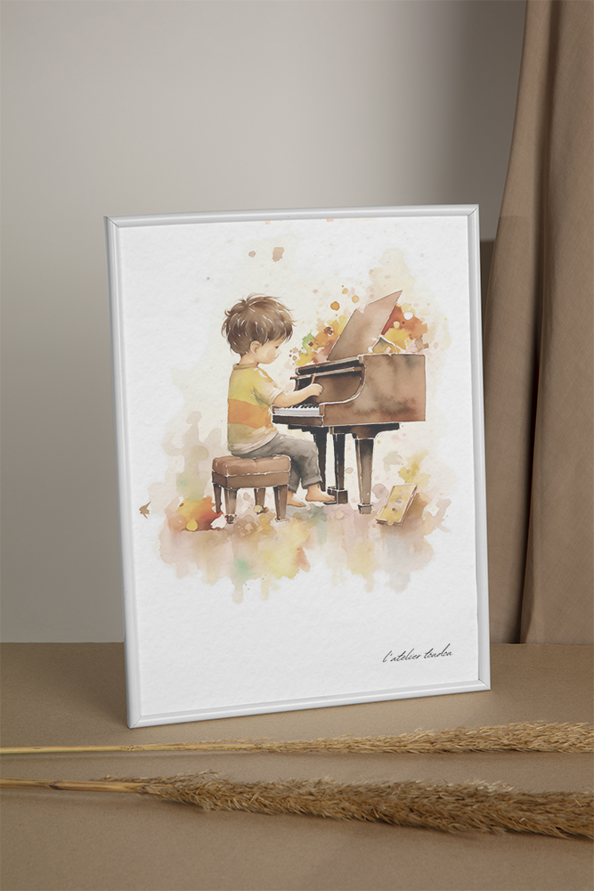 Piano, pianiste, décoration pour chambre enfant, illustration à offrir, passion musique, aquarelle, petit garçon