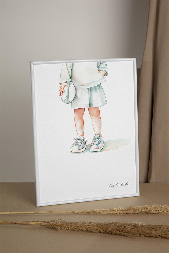 Rugby, rugbyman, basketteur, décoration pour chambre enfant, illustration à offrir, , personnalisé, passion sport, aquarelle, petit garçon