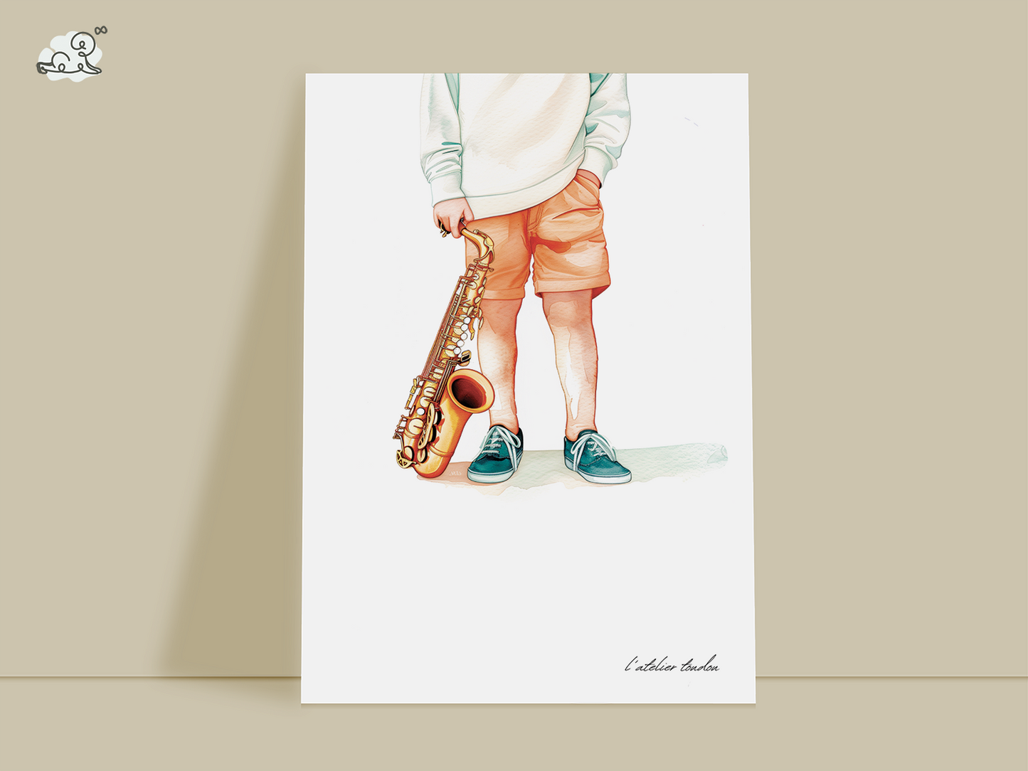 Saxophone, saxophoniste pour chambre enfant, illustration à offrir, personnalisé, passion musique, aquarelle, petit garçon