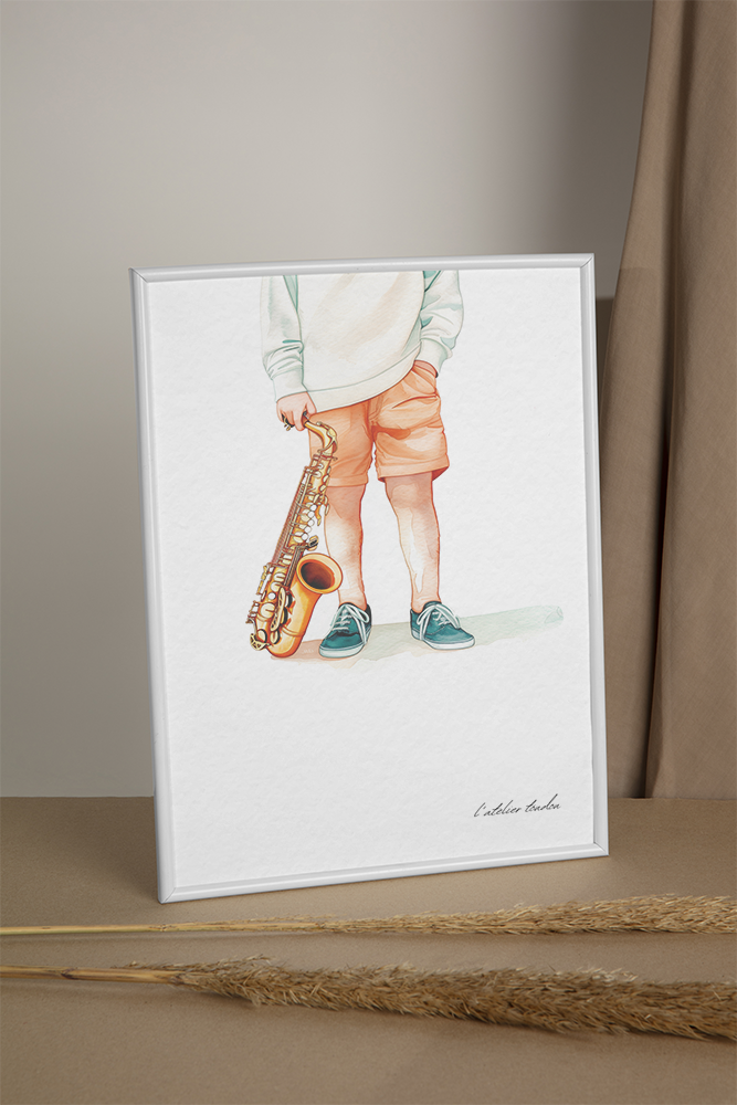 Saxophone, saxophoniste pour chambre enfant, illustration à offrir, personnalisé, passion musique, aquarelle, petit garçon