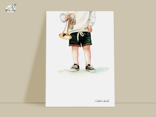Trompette, trompetiste, décoration pour chambre enfant, illustration à offrir, passion musique, personnalisé, aquarelle, petit garçon
