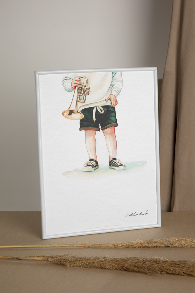 Trompette, trompetiste, décoration pour chambre enfant, illustration à offrir, passion musique, personnalisé, aquarelle, petit garçon