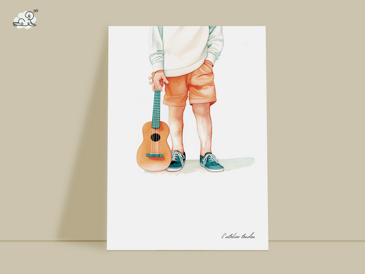 Ukulele, décoration pour chambre enfant, illustration à offrir, personnalisé, passion musique, aquarelle, petit garçon