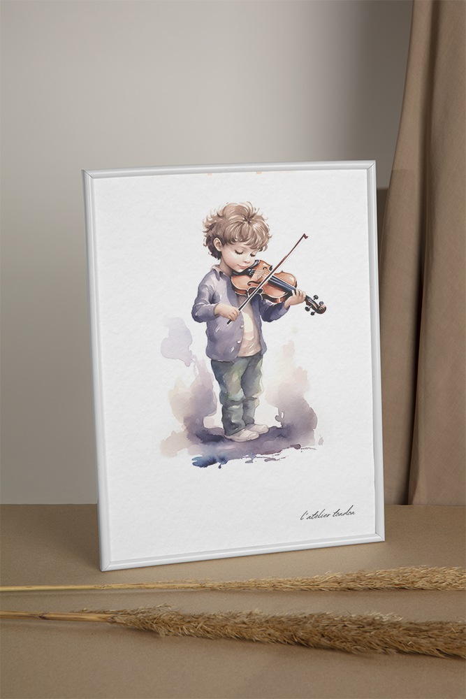 Violon, violoniste, décoration pour chambre enfant, illustration à offrir, passion musique, aquarelle, petit garçon