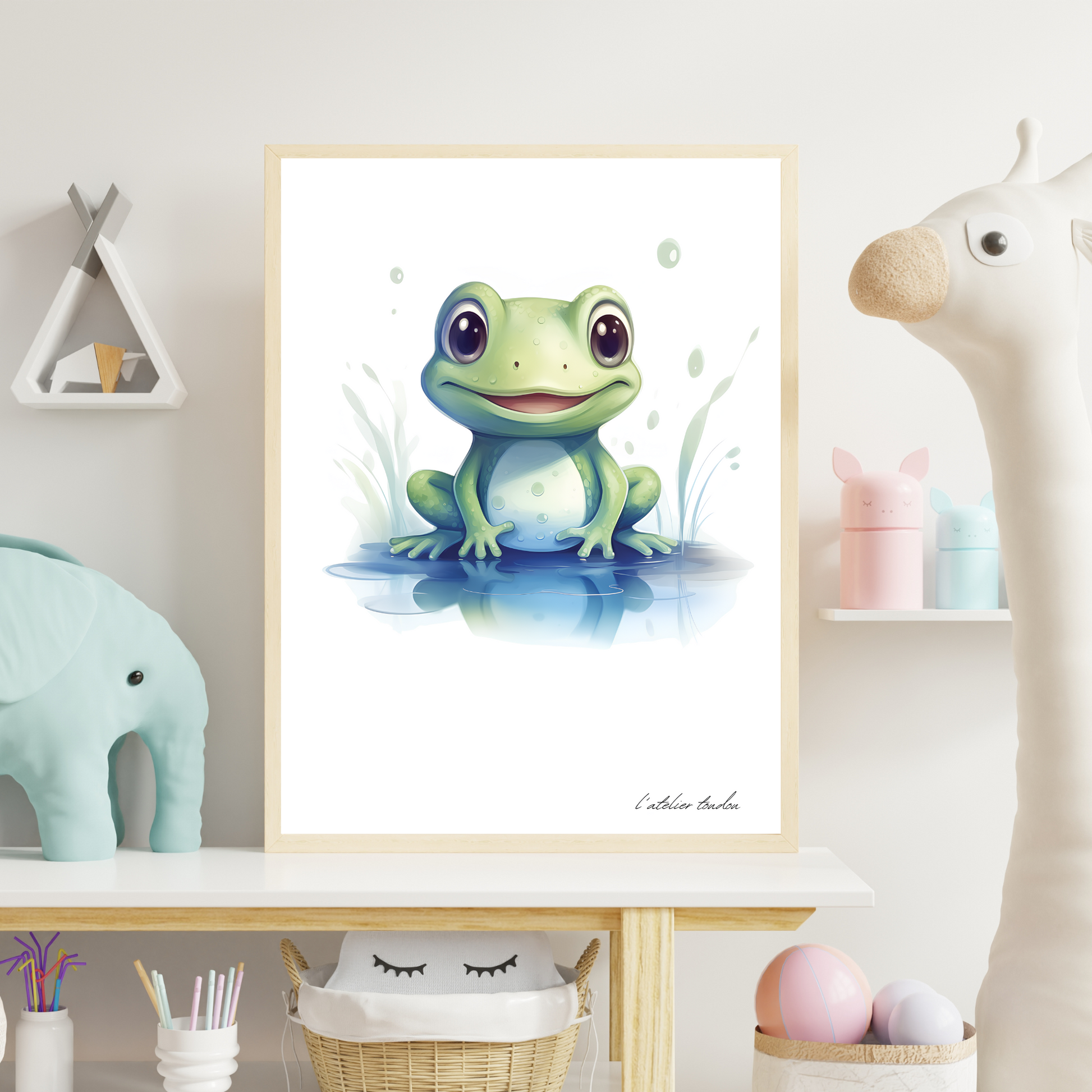 La grenouille, décoration pour chambre enfant, chambre bébé illustration à offrir, thème marin, aquarelle