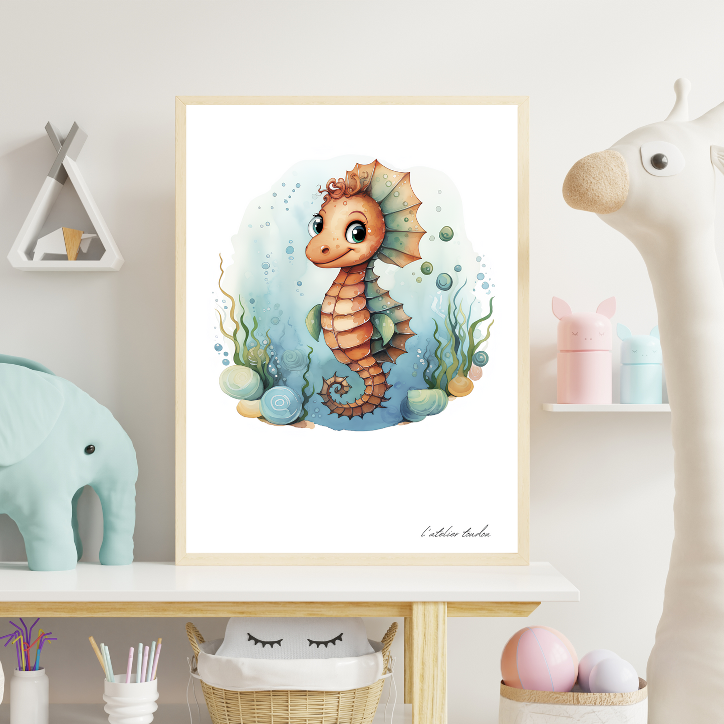 L'hippocampe, décoration pour chambre enfant, chambre bébé illustration à offrir, thème marin, aquarelle