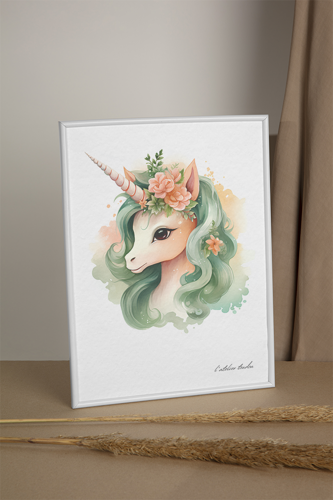 La licorne, décoration pour chambre enfant, illustration à offrir, licorne fleuries