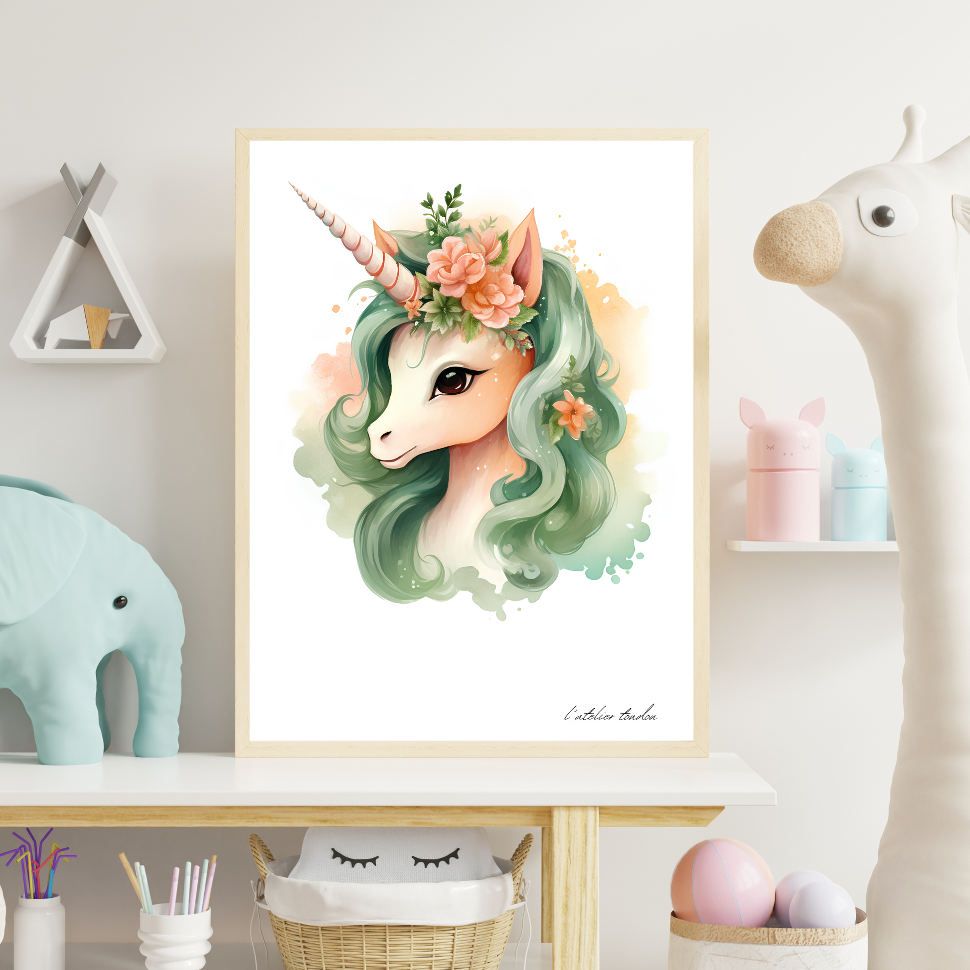 La licorne, décoration pour chambre enfant, illustration à offrir, licorne fleuries