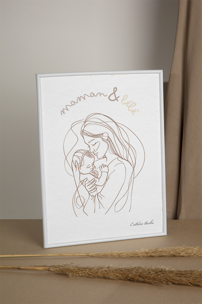 Illustration personnalisé, maman avec bébé dans les bras, idéal pour offrir, fête des mères