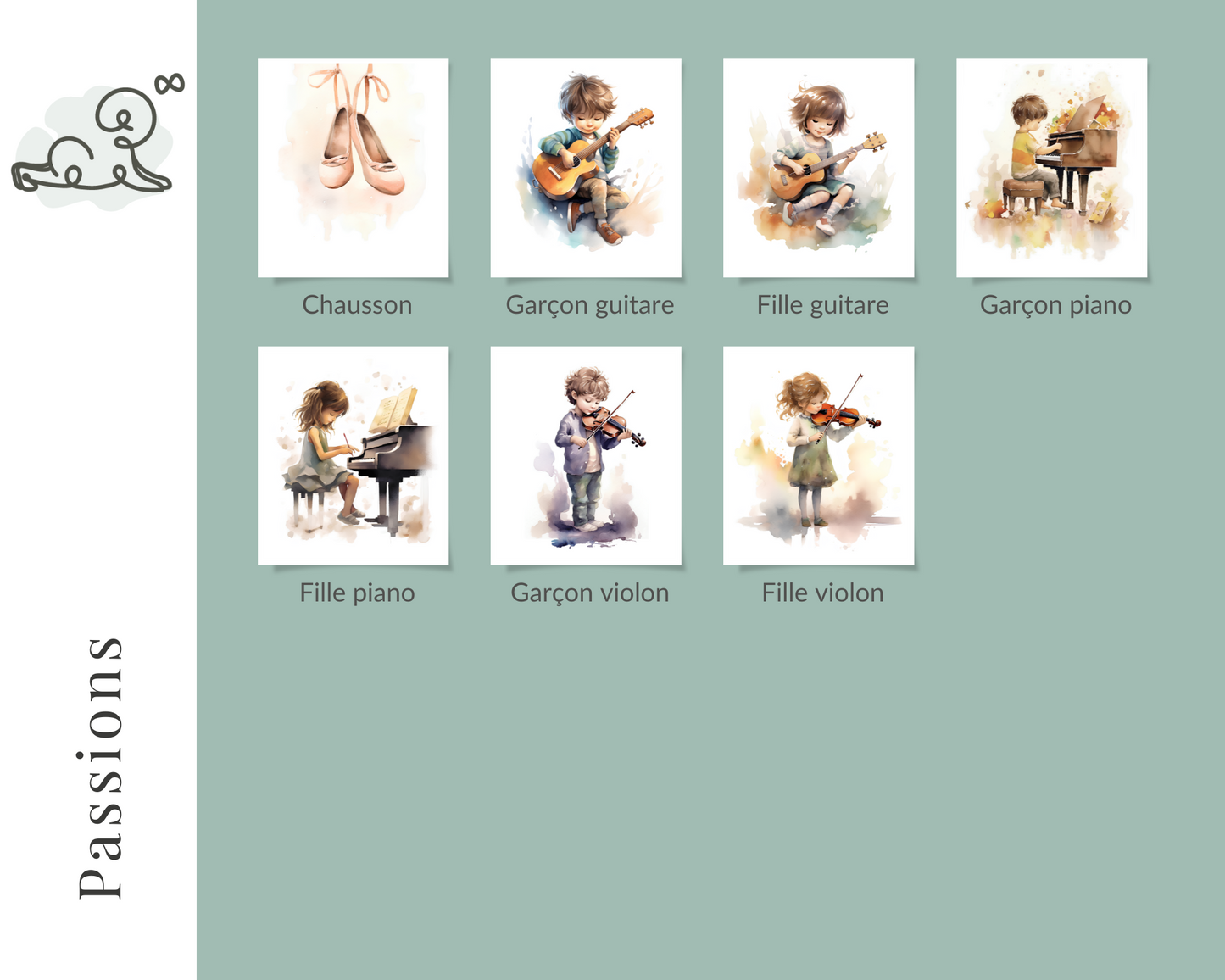 Collection illustration chambre enfant, bébé, thème passion, chausson de danse, guitare, piano, violon... aquarelle
