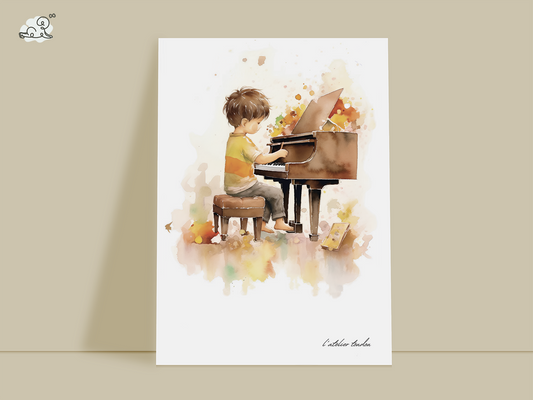 Piano, pianiste, décoration pour chambre enfant, illustration à offrir, passion musique, aquarelle, petit garçon