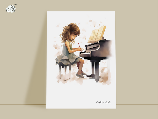 Piano, pianiste, décoration pour chambre enfant, illustration à offrir, passion musique, aquarelle, petite fille