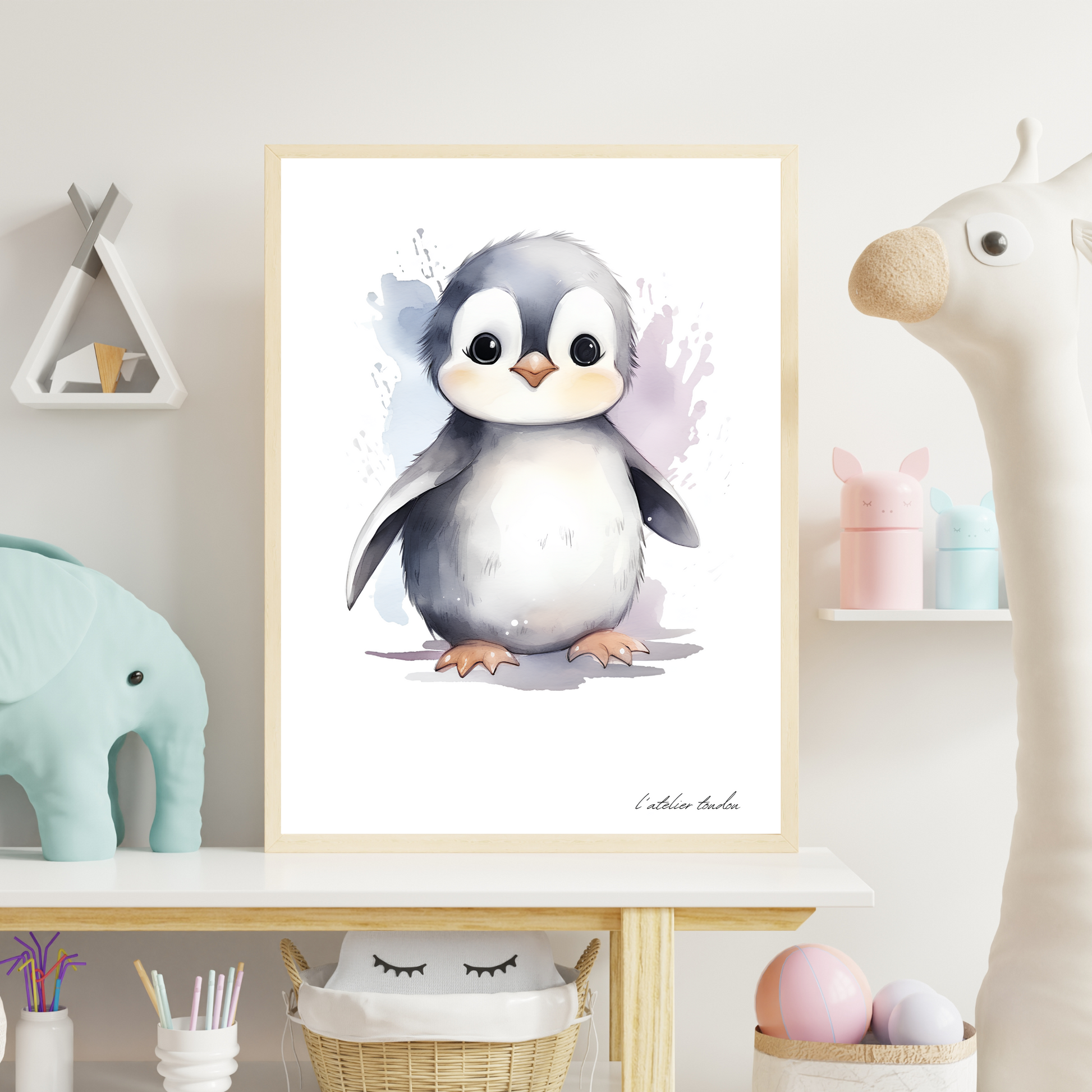Le pingouin, décoration pour chambre enfant, chambre bébé illustration à offrir, thème marin, aquarelle