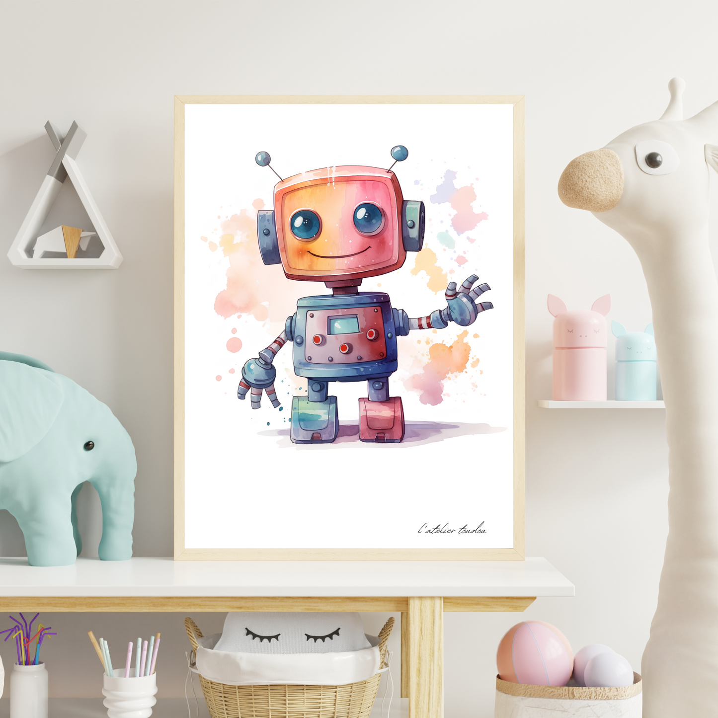 Le robot, décoration pour chambre enfant, illustration à offrir, petit robot aquarel