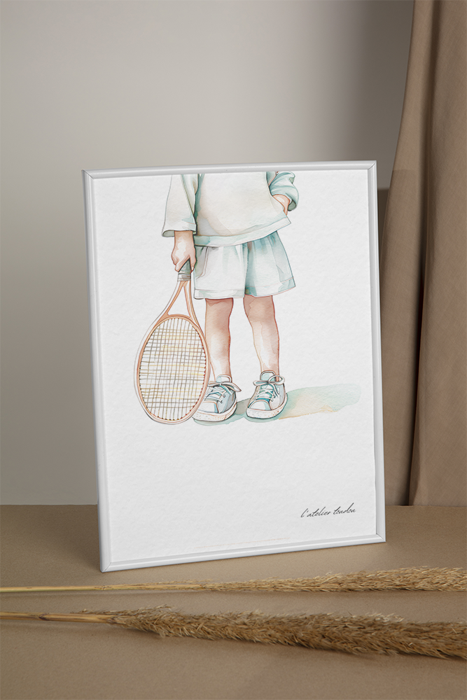 Tennis, joueur de tennis, décoration pour chambre enfant, illustration à offrir, , personnalisé, passion sport, aquarelle, petit garçon