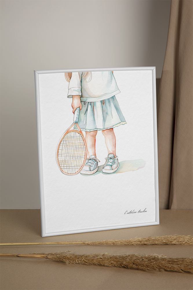 Tennis, joueuse de tennis, décoration pour chambre enfant, illustration à offrir, , personnalisé, passion sport, aquarelle, petite fille
